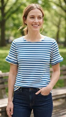 J.Crew Blue White Striped Ruffle Sleeve Tee Top XS 100% Cotton French Sailor